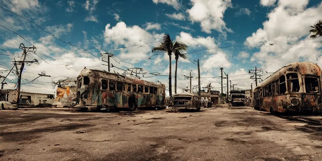 Image similar to low wide angle shot of dilapidated fallout 5 miami, tropical coastal city, desolate, dilapidated neon signs, few rusted retro futuristic vintage parked vehicles like cars, buses, trucks, trams, sunny weather, few clouds, volumetric lighting, photorealistic, daytime, spring, sharp focus, ultra detailed, 4 0 0 0 k