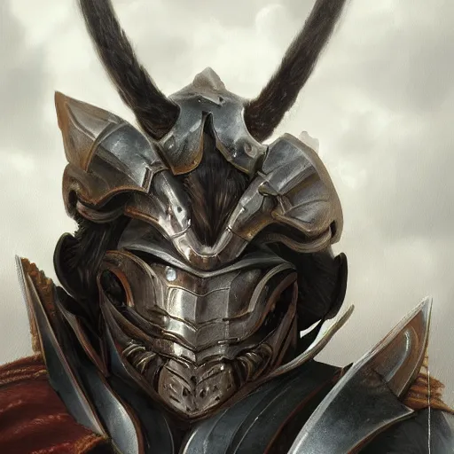 Image similar to close up portrait of a black haired Minotaur in plate armor, concept art, fantasy painting