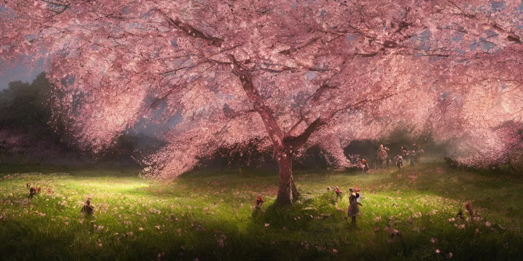 Image similar to tornado of blooming cherry blossoms petals sweeping through farmland, dim volumetric lighting, 8 k octane beautifully detailed render, post - processing, extremely hyper - detailed, intricate, epic composition, cinematic lighting, masterpiece, trending on artstation, detailed detailed detailed, stunning art by anders zorn, wonderful masterpiece by greg rutkowski, beautiful cinematic light