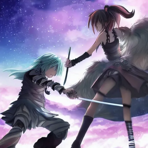 Prompt: Anime style girl in a fantasy world fighting against a giant wolf