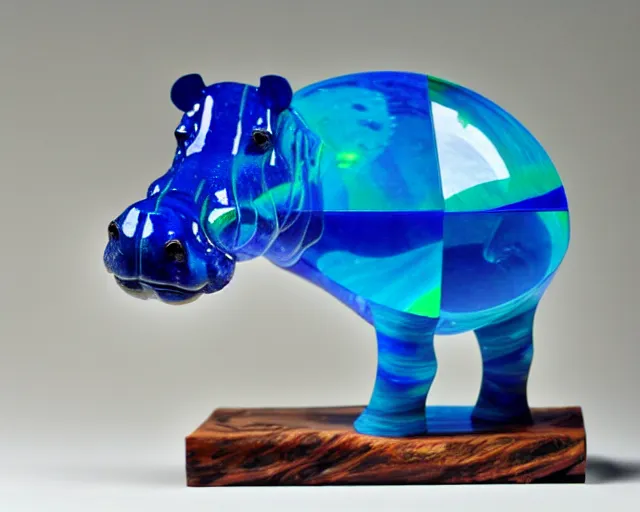 Image similar to a sculpture of hippo baby, bottom half wood carved, top half blue translucid resin epoxy, cubic blocks, side view centered, mixmedia, transparent,