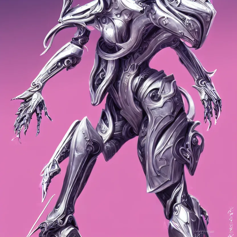 Image similar to highly detailed exquisite fanart, of a beautiful female warframe, but as an anthropomorphic elegant robot dragon, shiny white silver plated armor engraved, robot dragon head, Fuchsia skin beneath the armor, sharp claws, long tail, robot dragon hands and feet, two arms and legs, elegant pose, close-up shot, full body shot, epic cinematic shot, professional digital art, high end digital art, singular, realistic, DeviantArt, artstation, Furaffinity, 8k HD render, epic lighting, depth of field