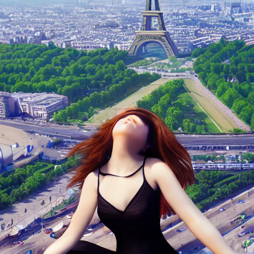 Prompt: A young beautiful giantess wearing a sundress sitting on the Eifel tower,her feet are visible and in focus ,detailed body and face, beautiful lighting,digital art , highly detailed , high contrast, beautiful lighting, award winning , trending on art station, 8k, photorealistic,unreal engine 5