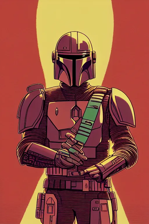 Image similar to closeup potrait of the mandalorian, intricate, volumetric lighting, moebius, geof darrow, frank miller, dan mumford, detailed illustration, digital art, victo ngai, kilian eng, vector art