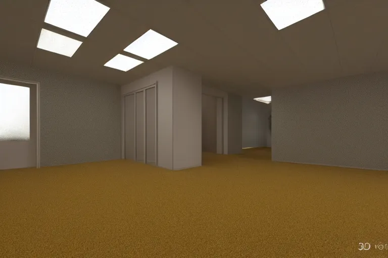 Image similar to 3 d render of jerma 9 8 5, jerma in endless halls of office space with worn light mono - yellow 7 0 s wallpaper, old moist carpet, and inconsistently - placed fluorescent lighting | liminal space | non - euclidean space | high octane | blender | 3 d render