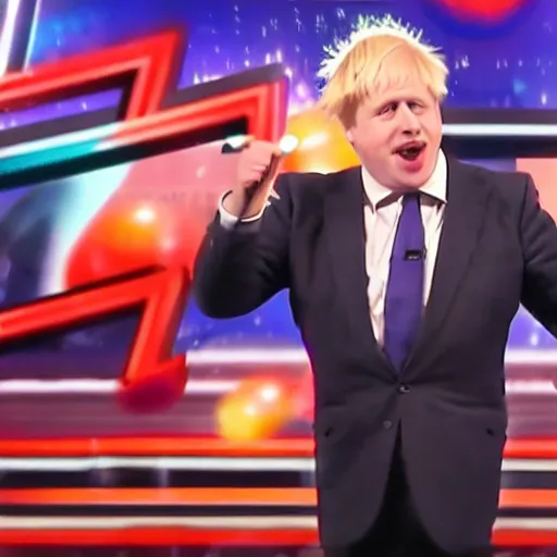 Image similar to boris johnson singing with a microphone on americas got talent, tomatoes and anchors being thrown at him, 4 k photograph