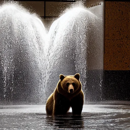 Image similar to a bear in a fountain in an empty mall, high resolution photograph, paul nicklen, atmospheric lighting