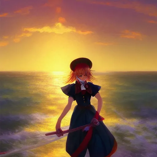 Image similar to Kirisame Marisa, sunset on the beach, touhou project, ZUN, beautiful portrait, oil on canvas, official artwork, trending on artstation, in the style of Aivazovsky