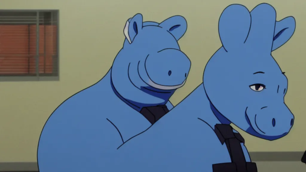 Prompt: a cop wearing a blue hippo mask standing in a police station, anime film still from the an anime directed by Katsuhiro Otomo with art direction by Salvador Dalí, wide lens