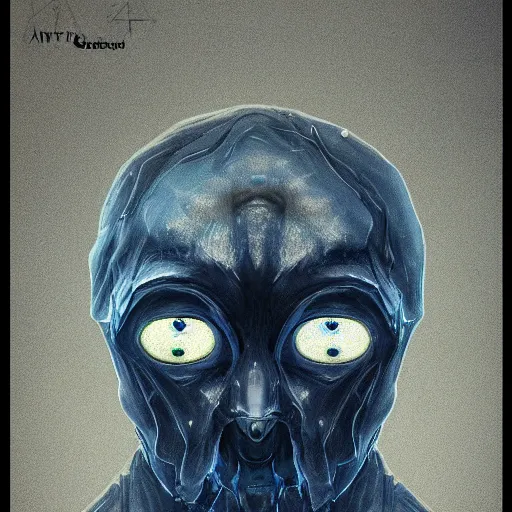 Image similar to award - winning. trending on artstation. 4 k. eerie tone. a mouthless astral figure wearing a hooded cape made of the night sky with 1 5 dark blue glowing eyes on its face and rows of teeth on its chest. full - body. portrait.