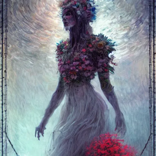 Image similar to a beautiful terrifying monster made of flowers. ethereal horror fantasy art by greg rutkowski and magali villanueve and monet