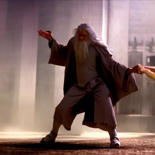 Prompt: neo versus gandalf clone fight