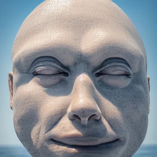 Image similar to a giant sculpture of a human head made out of water, on the ocean water, cinematic, in the style of johnson tsang, long shot, hyper detailed, hyper realistic, ray tracing, 8 k resolution, sharp focus, realistic water, award winning