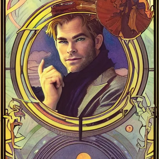 Image similar to chris pine portrait by louis - theophile hingre and alphonse mucha, realistic, sharp focus, zodiac signs, tarot cards, planets, ethereal, art nouveau, magic, moon, sun, crown, dreamy, royal, jewellery