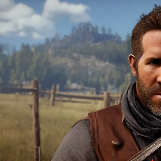 Prompt: Film still of Ryan Reynolds, from Red Dead Redemption 2 (2018 video game)