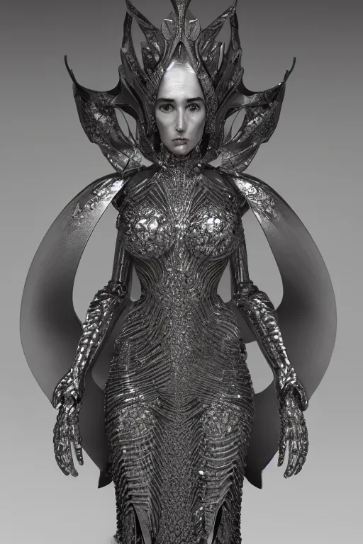 Image similar to a highly detailed medium shot 8 k render of an alien goddess jennifer connelly in iris van herpen dress schiaparelli armor in diamonds and lots of jewelry in style of alphonse mucha trending on artstation made in unreal engine 4