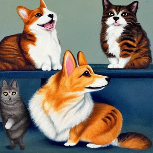 Image similar to corgi and cat fixing the website, oil painting