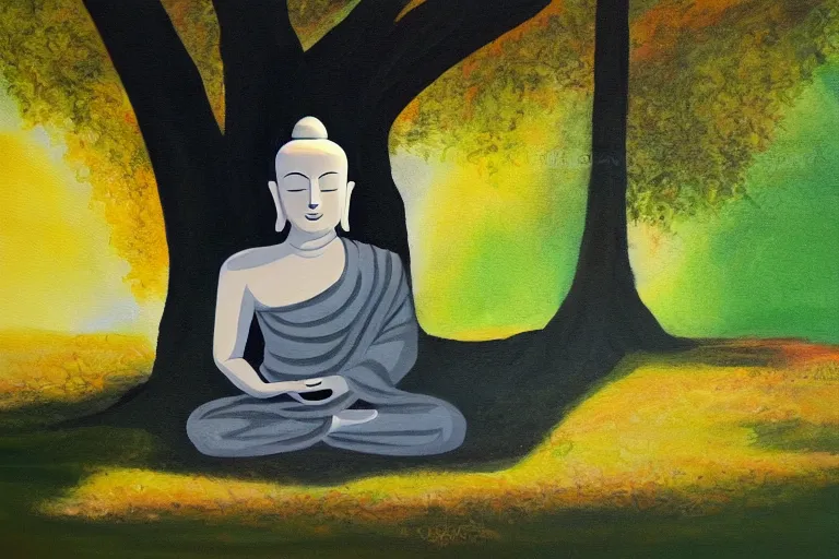 Image similar to painting of a peaceful buddha meditating under a tree, acrylic art, calm, soothing, cosy, elegant, soft light,