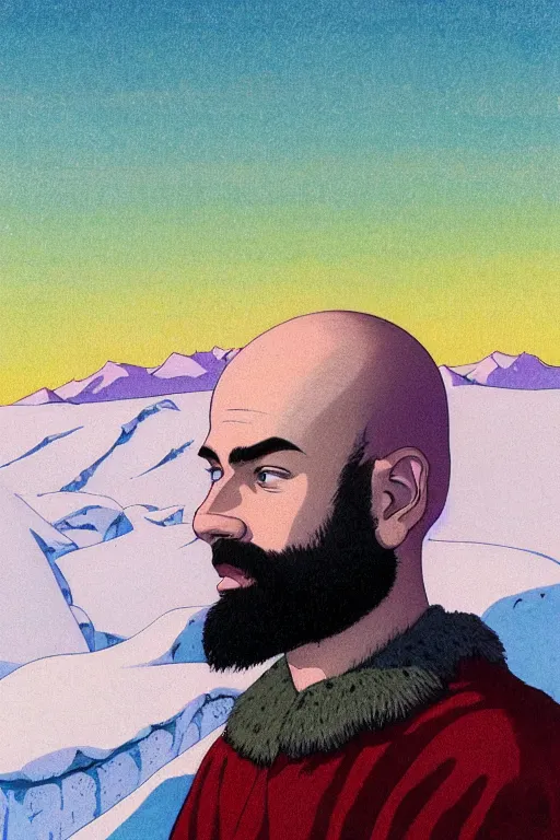 Image similar to a colorful closeup portrait of a young bald man with a wild beard dreaming psychedelic hallucinations in the vast icy landscape of antarctica, by kawase hasui, moebius and edward hopper, colorful flat surreal design, hd, 8 k, artstation