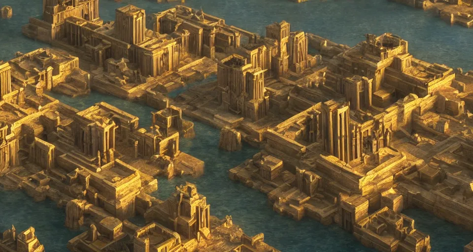 Image similar to ancient city of atlantis with big buildings in gold, fantasy, magical, cinematic, establishing shot, volumetric lighting, extremely detailed, intricate, sharp focus, coherent