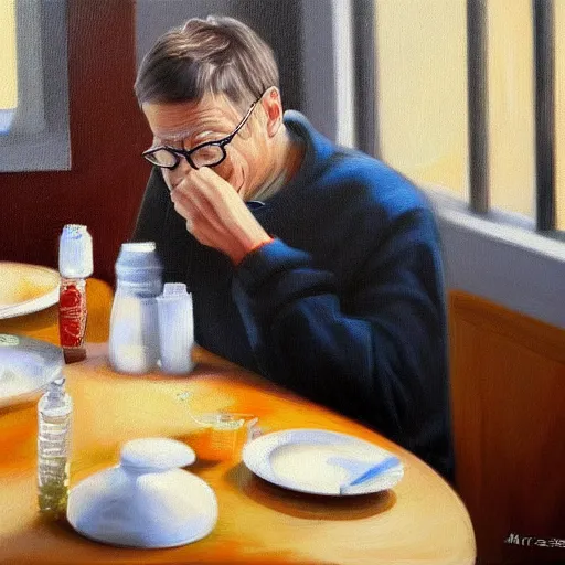 Image similar to an hyper realistic oil painting of Bill Gates eating syringes for breakfast, sitting at a table with a plate full of syringes, looking very sad, trending on artstation,