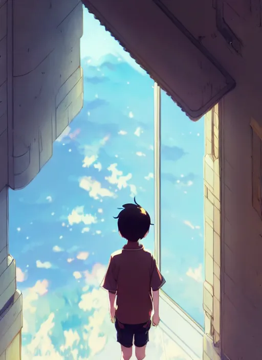 Image similar to boy on ground waving to a pretty girl on the second floor, illustration concept art anime key visual trending pixiv fanbox by wlop and greg rutkowski and makoto shinkai and studio ghibli