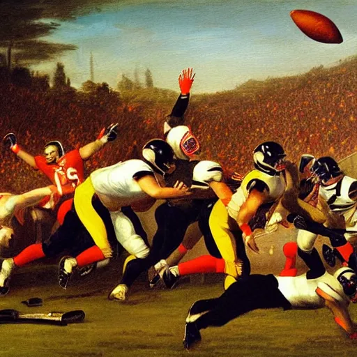 Prompt: a classic painting of an american football game during the renaissance, epic lighting, golden hour, heroic, sports photography, touchdown