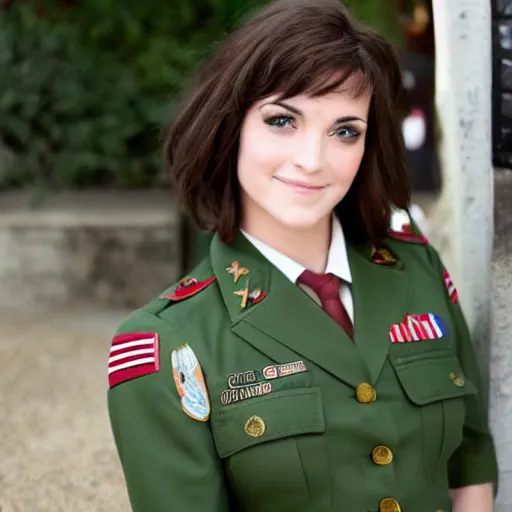 Prompt: brunette, short flipped out hair, green eyes, military uniform, smirk