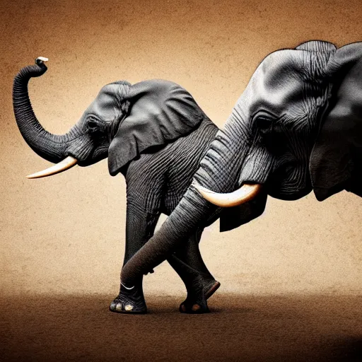 Image similar to an elephant falling apart and crumbling to dust to the air, photorealistic