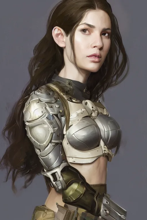 Image similar to a professionally painted portrait of an attractive young woman, clothed in military armor, olive skin, long dark hair, beautiful bone structure, symmetrical facial features, intricate, elegant, digital painting, trending on Artstation, concept art, smooth, sharp focus, illustration, from Metal Gear by Ruan Jia and Mandy Jurgens and Artgerm and William-Adolphe Bouguerea, award winning