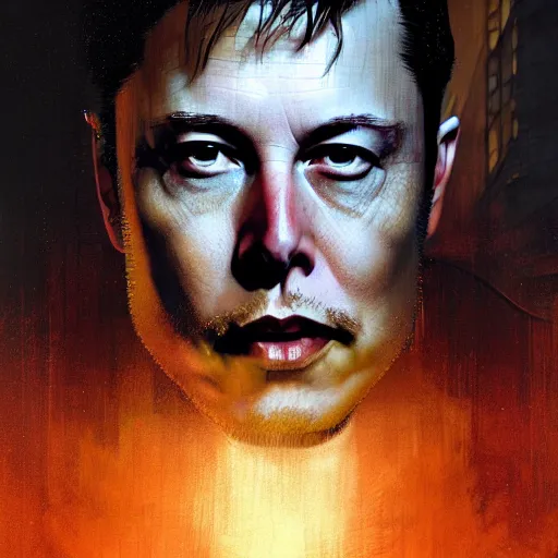 Image similar to elon musk, hyperrealistic portrait, bladerunner street, art of elysium by jeremy mann and alphonse mucha, fantasy art, photo realistic, dynamic lighting, artstation, poster, volumetric lighting, very detailed face, 4 k, award winning