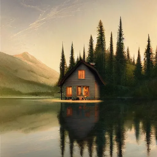 Image similar to small robot cottage at the edge of a lake in the mountains, painterly painting by gurney and beeple, soft glowing windows, early evening, reflections, pine trees, detailed, outlined