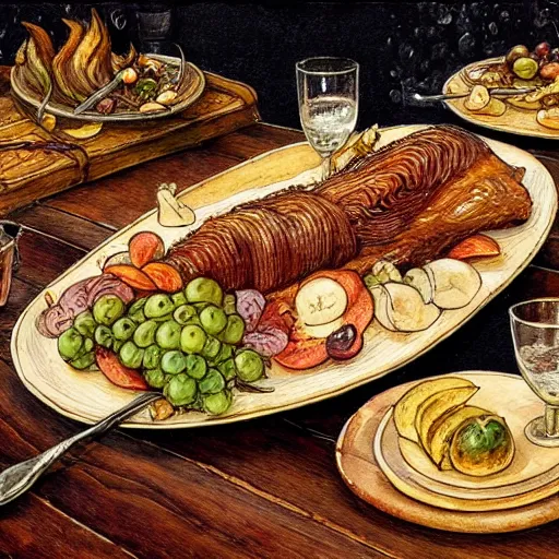 Image similar to one platter with roasted pork and fruit on a wooden table with cozy fireplace in the background, warm lighting, fantasy, intricate, elegant, highly detailed, digital painting, artstation, concept art, matte, sharp focus, illustration, art by kay nielsen and walter crane, illustration style, watercolor w 7 6 8