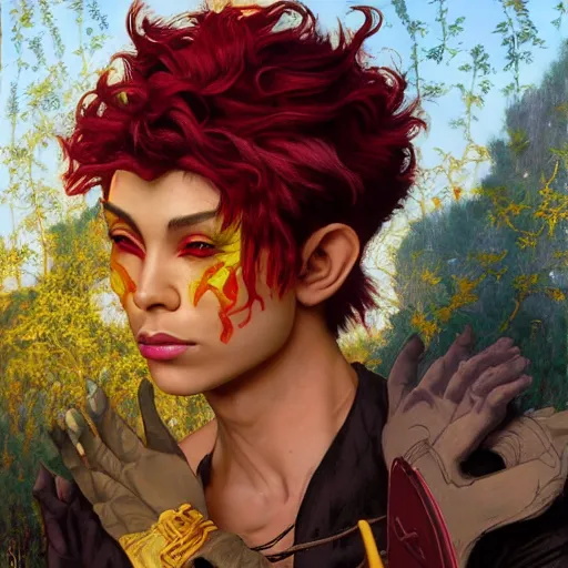 Prompt: dnd character portrait of a beautiful and androgynous half - elf with messy short red hair and dark skin tone and catlike features and yellow eyes with slit pupils, golden hour, wearing a colorful men's suit, realistic painting by kehinde wiley and ross tran and gerald brom and tasha beckwith and alphonse mucha, trending on artstation