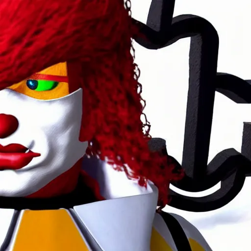 Image similar to image of ronald mcdonald, white face, red afro, red nose and yellow outfit as an enemy in metal gear solid 1 video game, with low poly playstation 1 graphics, upscaled to high resolution