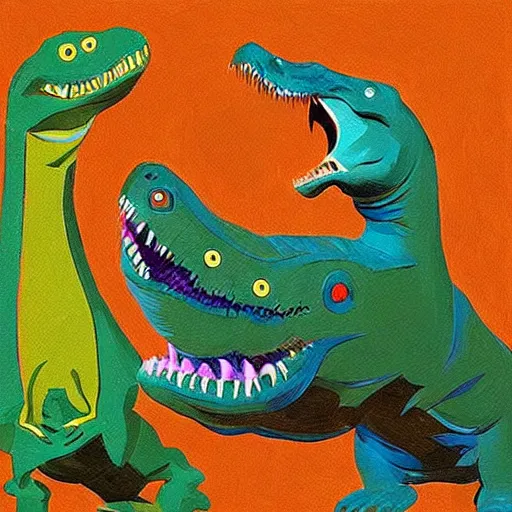 Prompt: “dinosaur singing karaoke detailed trex happy podcast national geographic figure minimalism Edward Cooper Matisse digital art oil painting”