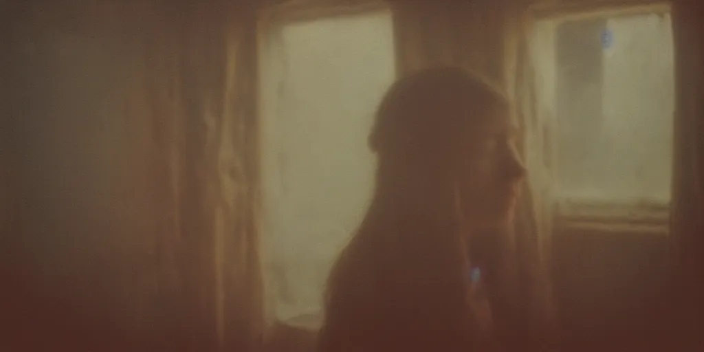 Image similar to portrait bust of young woman, solemn expression, faded color film, russian cinema, tarkovsky, kodachrome, old cabin, next to window, heavy forest outside, long brown hair, old clothing, heavy fog, hudson river school, 4 k, dramatic lighting, greg rutkowski