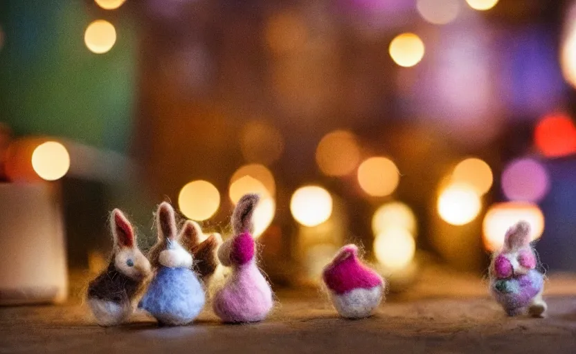 Image similar to miniature cafe diorama macro photography, cafe with felted bunnies on a date, alleyway, ambient, atmospheric, british, cozy, bokeh, romantic, colorful lanterns
