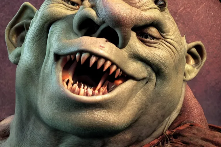 Image similar to realistic portrait photo of a happy orc. high resolution color photo, times magazine 2 0 2 1