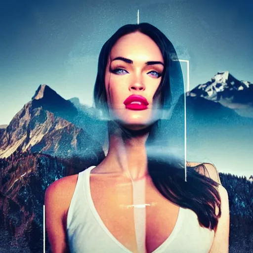 Image similar to double - exposure effect of megan fox face and beautiful mountains, mash up, blending, in the style of dan mountford