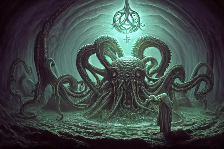 Prompt: hype realistic photorealistic hyperdetailed detailed group circle of pope priest necromancer invoking a in front of a cthulhu within a viscosity fluid lovecraft portal, wide - angle portrait, atmospheric lighting, intricate, volumetric lighting, rich deep colors masterpiece, ultra detailed, leesha hannigan, ross tran, thierry doizon, kai carpenter, ignacio fernandez rios