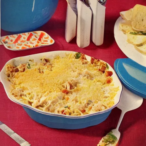 Prompt: tuna casserole for a hungry family, seventies era, high resolution magazine scan