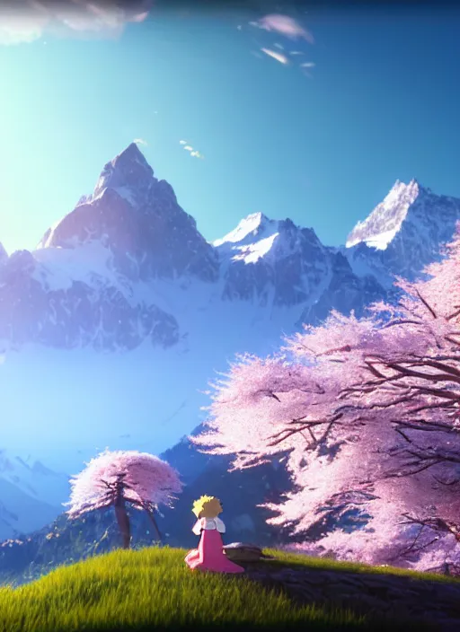 Image similar to a wholesome animation key shot, swiss alps peaks in the background, cherry blossoms in the foreground, studio ghibli, pixar and disney animation, sharp, rendered in unreal engine 5, anime key art by greg rutkowski, bloom, dramatic lighting