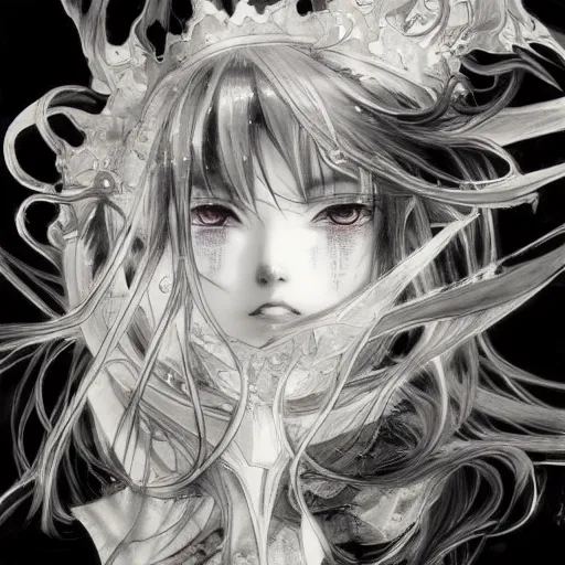 Image similar to yoshitaka amano blurred and dreamy illustration of an anime girl with black eyes, wavy white hair fluttering in the wind wearing elden ring armor and crown with engraving, abstract black and white patterns on the background, noisy film grain effect, highly detailed, renaissance oil painting, weird portrait angle, blurred lost edges, three quarter view