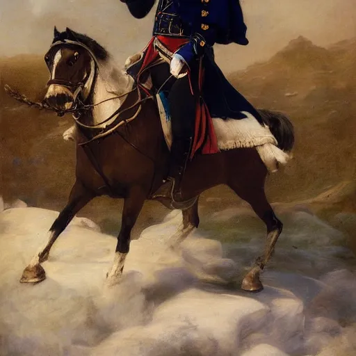 Prompt: Napoleon Bonaparte riding his electric scooter to battle by Jeremy Lipkin and Giuseppe Dangelico Pino, oil on canvas, epic pose, 8k