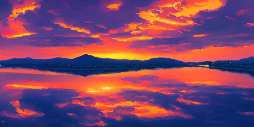 Image similar to iridescent painting of sunset over RIo de Janiero, panoramic, digital painting, by RHADS and Moebius