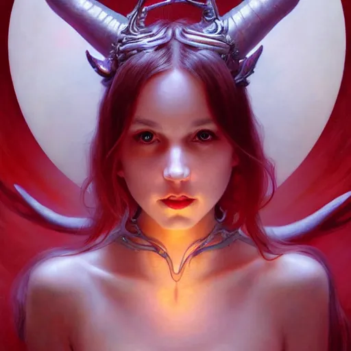 Image similar to Portrait of beautiful pale demon girl with horns, red lighting, intricate, elegant, highly detailed, digital painting, artstation, smooth, sharp focus, illustration, art by artgerm and greg rutkowski and alphonse mucha and Wayne Barlowe and william-adolphe bouguereau