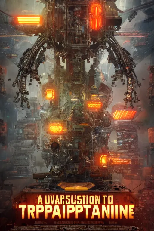 Image similar to a movie poster, invasion of the tripmachines, realistic digital art, 3 d render of a huge futuristic steampunk generator inside a steampunk machinery, 8 k, fluorescent colors, halluzinogenic, multicolored, exaggerated detailed, unreal engine