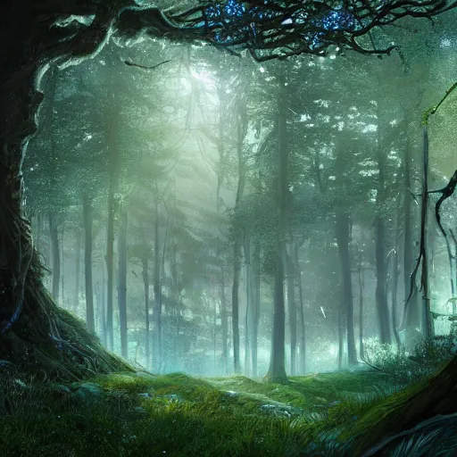 Image similar to beautiful elven celestial stag. beautiful highly detailed forest background. green and blue light. accurate, sci - fi concept art, intricate, elegant, long shot 8 k rendering.