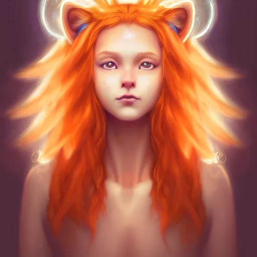 Image similar to Portrait of a girl angel with pale orange colored frizzy strands of illuminated hair, cat ears on her head, glowing halo, Lion's Mane, Lion's Gate, 8/8, fantasy, intricate, elegant, highly detailed, digital painting, artstation, concept art, smooth, sharp focus, illustration, art by Krenz Cushart and Artem Demura and alphonse mucha